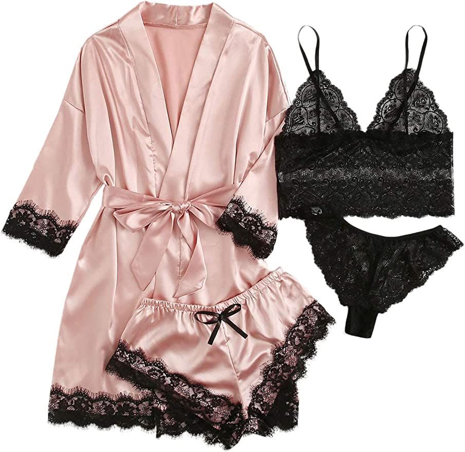SOLY HUX Women's Satin Pajama Set 4pcs Floral Lace Trim Cami Lingerie Sleepwear with Robe | Amazon (US)