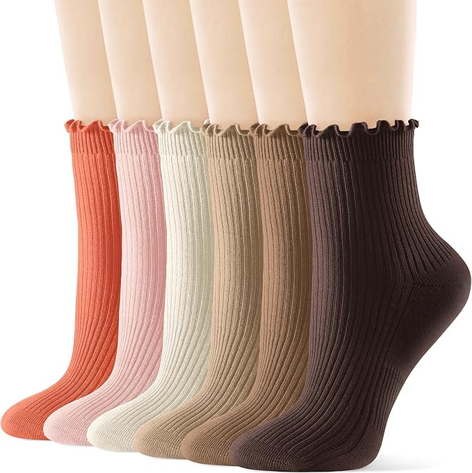 FITRELL 6 Pairs Ruffle Socks, Womens Soft Breathable Cute Lettuce Ankle Crew Frilly Socks | Amazon (US)