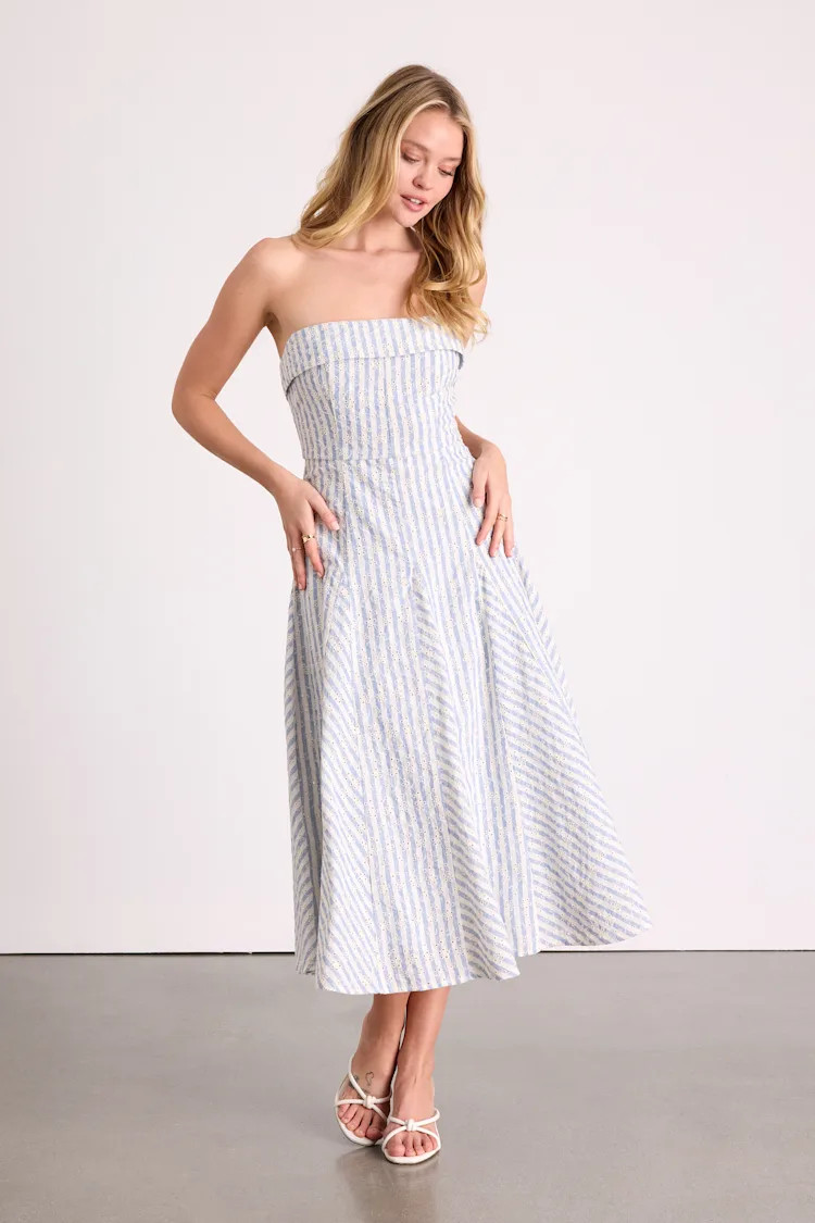 Kaletta Blue and Ivory Striped Eyelet Embroidered Midi Dress | Lulus