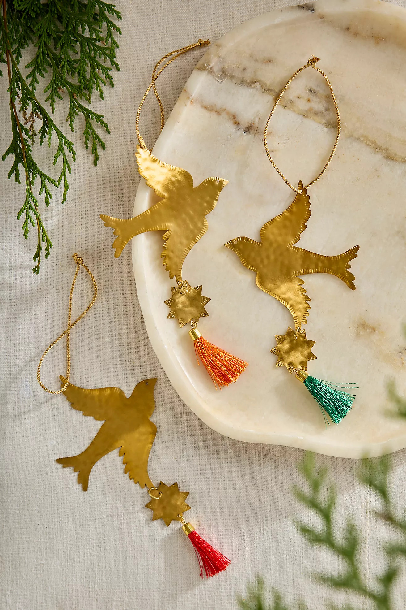 Tasseled Bird Brass Ornaments, Set of 3 | Terrain