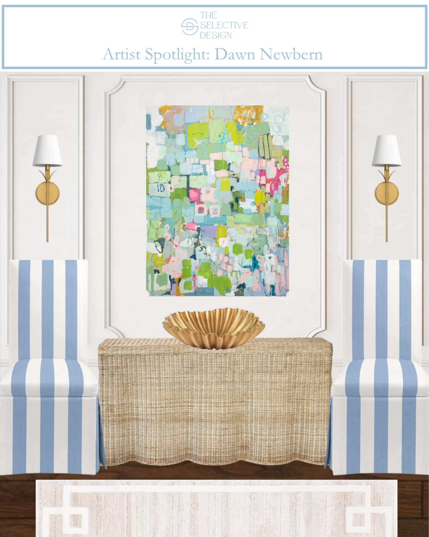 Dawn Newbern’s vibrant abstract artwork makes a beautiful statement piece in this timeless, yet colorful entryway. 

Visit www.DawnNewbernArt.com to explore all of her beautiful artwork. 

Grandmillennial decor, coastal decor, southern decor, timeless decor, Grandmillennial entryway, colorful abstract wall art, blue and white striped chairs, woven console table, scalloped console table, neutral rug, timeless rug, classic rug, gold bowl

#LTKFindsUnder100 #LTKHome
