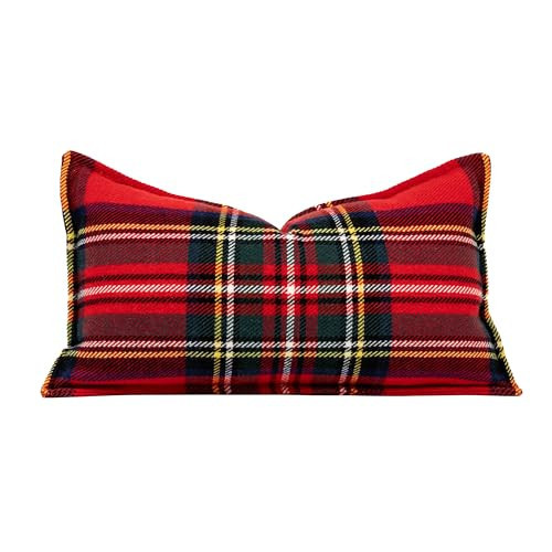 Hofdeco Premium Classic Holiday Decorative Lumbar Pillow Cover Only, 11"x20" Heavyweight 100% Ultra Fine Merino Wool Red Woven Royal Stewart Tartan Plaid | Amazon (US)