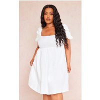 Plus White Textured Linen Look Puff Sleeve Shift Dress | PrettyLittleThing CAN