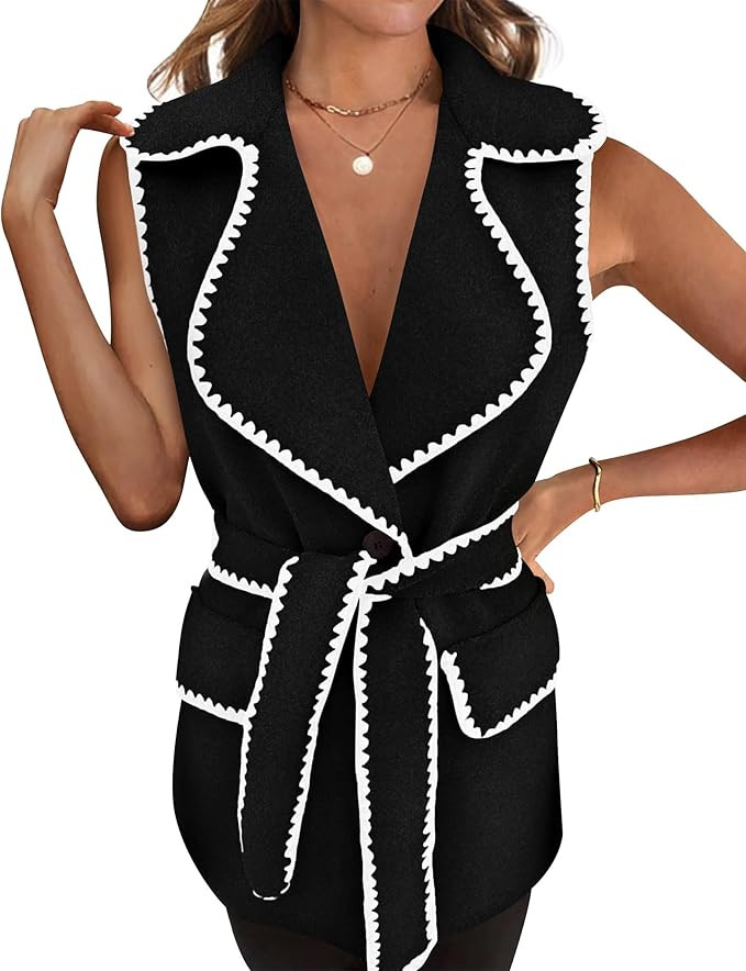 PRETTYGARDEN Women's 2025 Tweed Vest Jackets Sleeveless Lapel Button Front Belt Color Block Winte... | Amazon (US)
