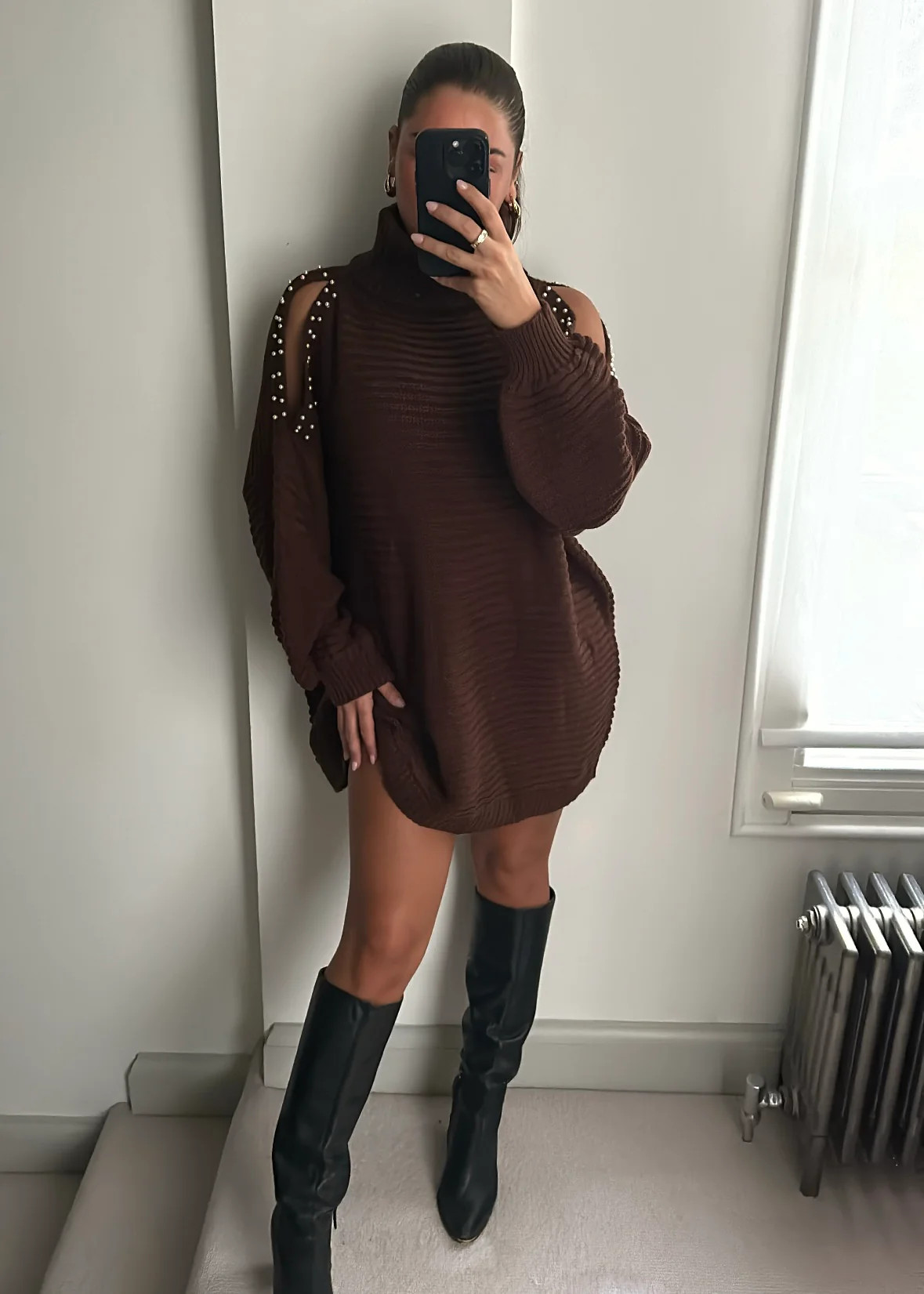 Mila Pearl Cold Shoulder Mini Jumper Dress - Brown | Jewel Boutique