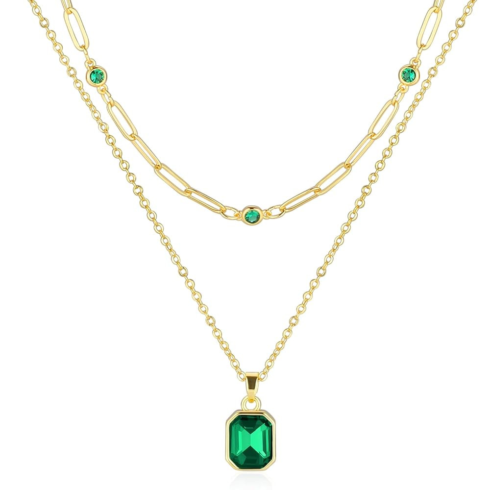 Gold Layered Necklaces for Women, 18k Gold Plated Crystal Necklace Paperclip Choker Emerald Green... | Amazon (US)