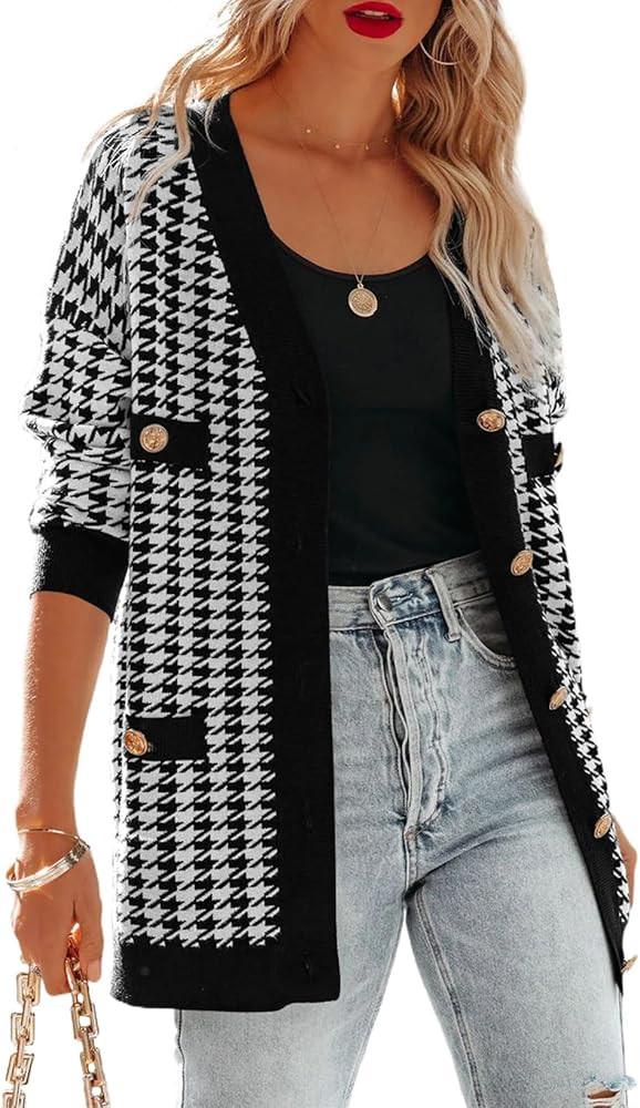 Sidefeel Women's Cardigan Sweaters Open Front Button Down Plaid Chunky Knit Jackets with Pockets | Amazon (US)