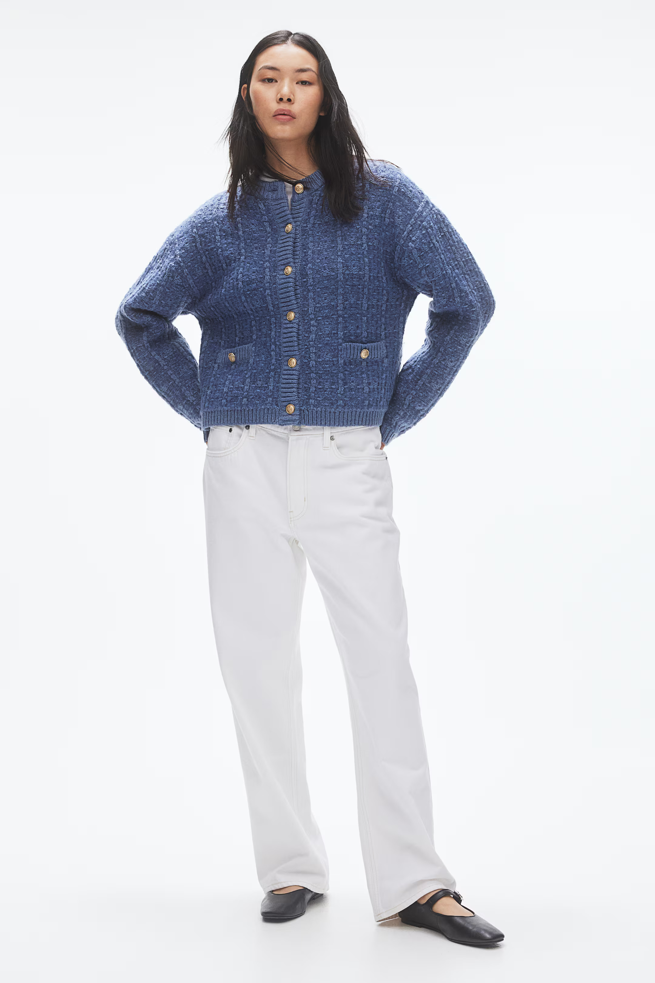 Textured-Knit Cardigan - Round Neck - Long sleeve - Dusty blue - Ladies | H&M US | H&M (US + CA)