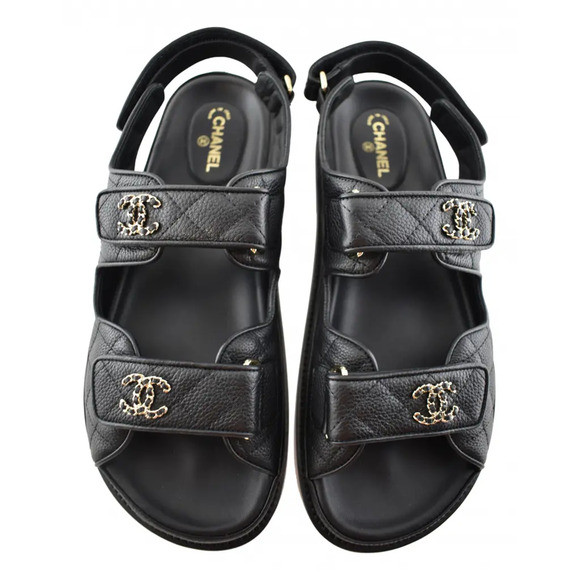 Chanel REV Black Caviar Gold CC Logo Mule Slide Strap Flat Teva Dad Sandal 38 | Poshmark