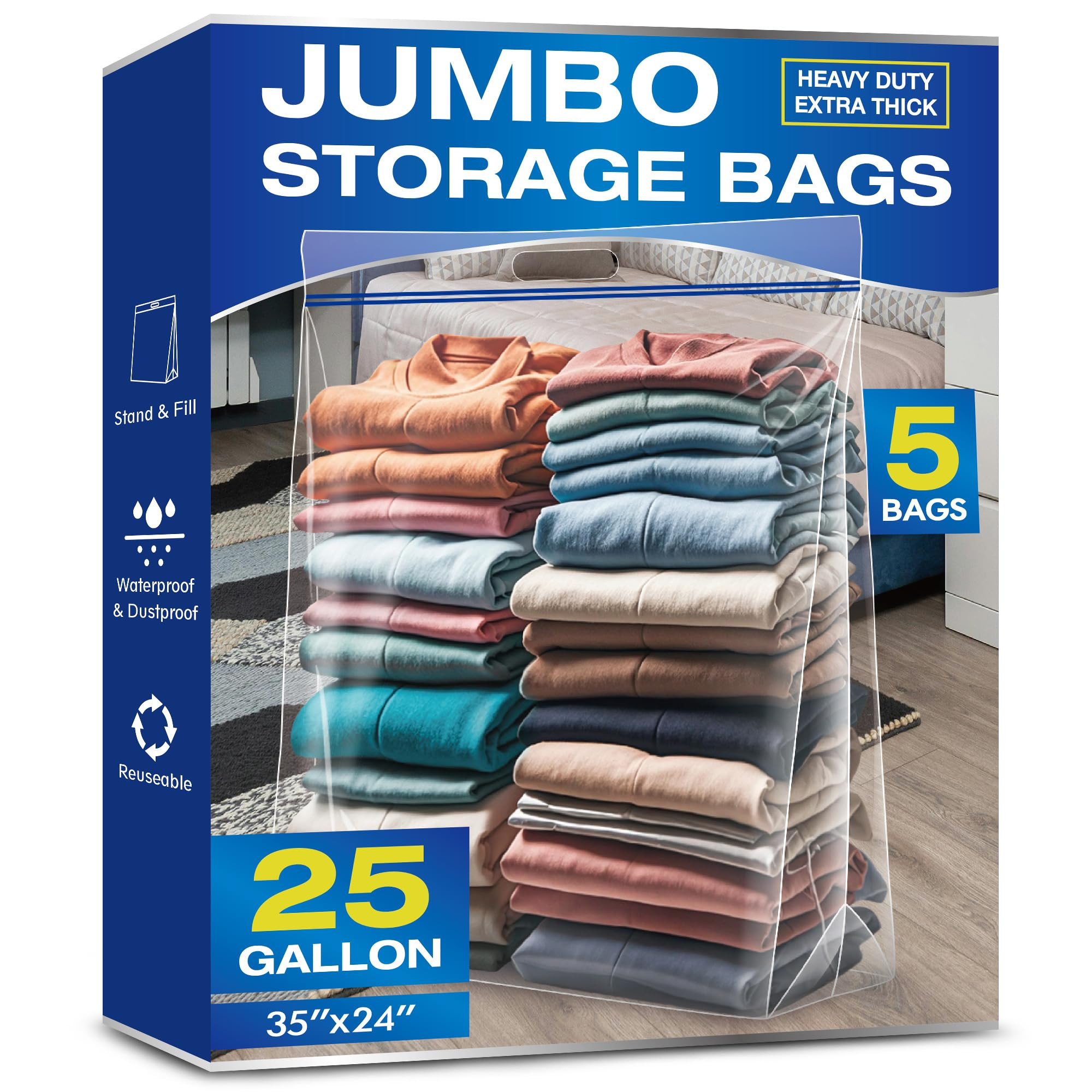 25 Gallon Jumbo Storage Bags, 3.5 Mil Thick Clear Plastic Zipper Bags with Handles, 35" x 24" Ext... | Amazon (US)