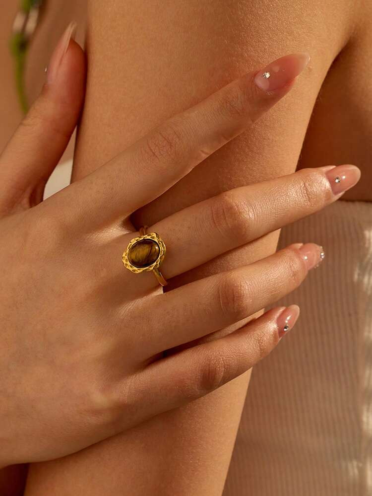 1pc Stainless Steel Vintage Style Golden Brown Tiger Eye Stone Ring, Suitable For Women Daily Wea... | SHEIN