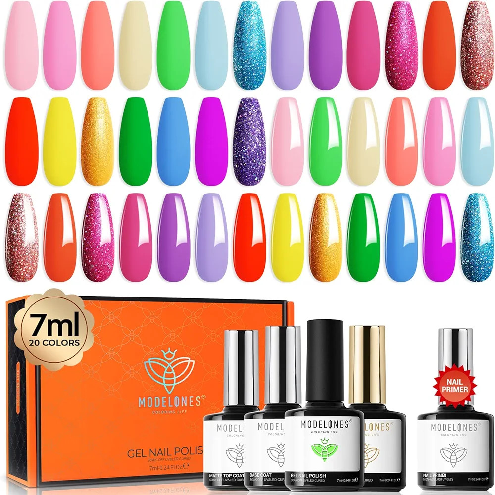 Modelones 24 Pcs Gel Nail Polish Kit, Spring Summer Rainbow Neon Color Gel Nail Polish Set 7ML So... | Amazon (US)