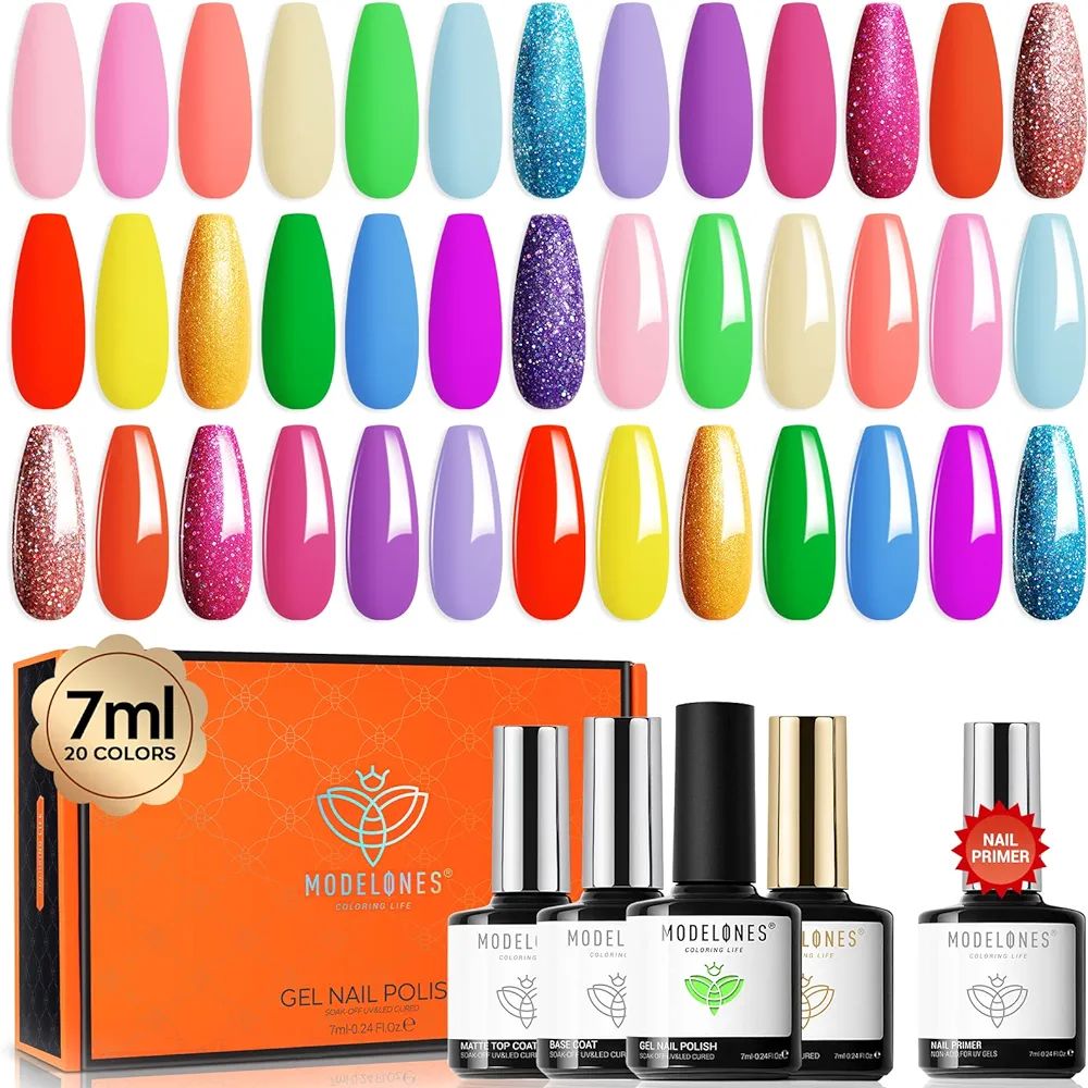 Modelones 24 Pcs Gel Nail Polish Kit, Spring Summer Rainbow Neon Color Gel Nail Polish Set 7ML So... | Amazon (US)