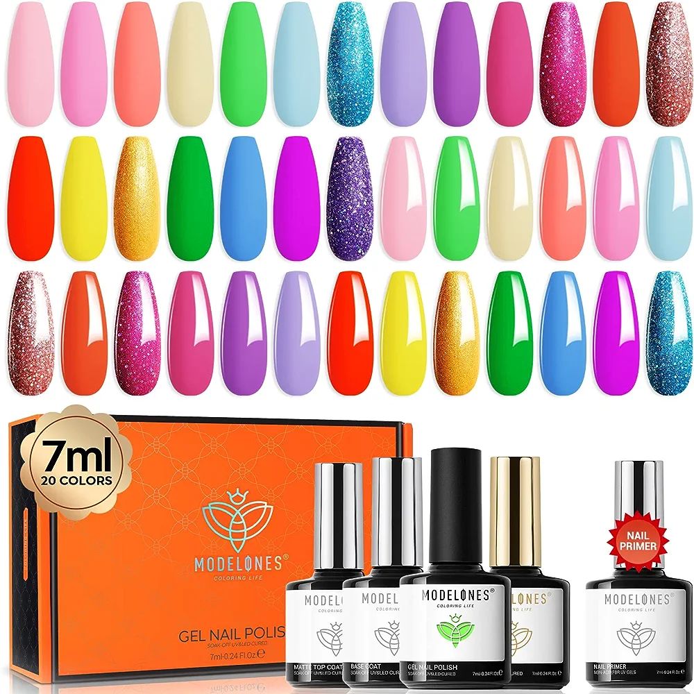 Modelones 24 Pcs Gel Nail Polish Kit, Spring Summer Rainbow Neon Color Gel Nail Polish Set 7ML So... | Amazon (US)