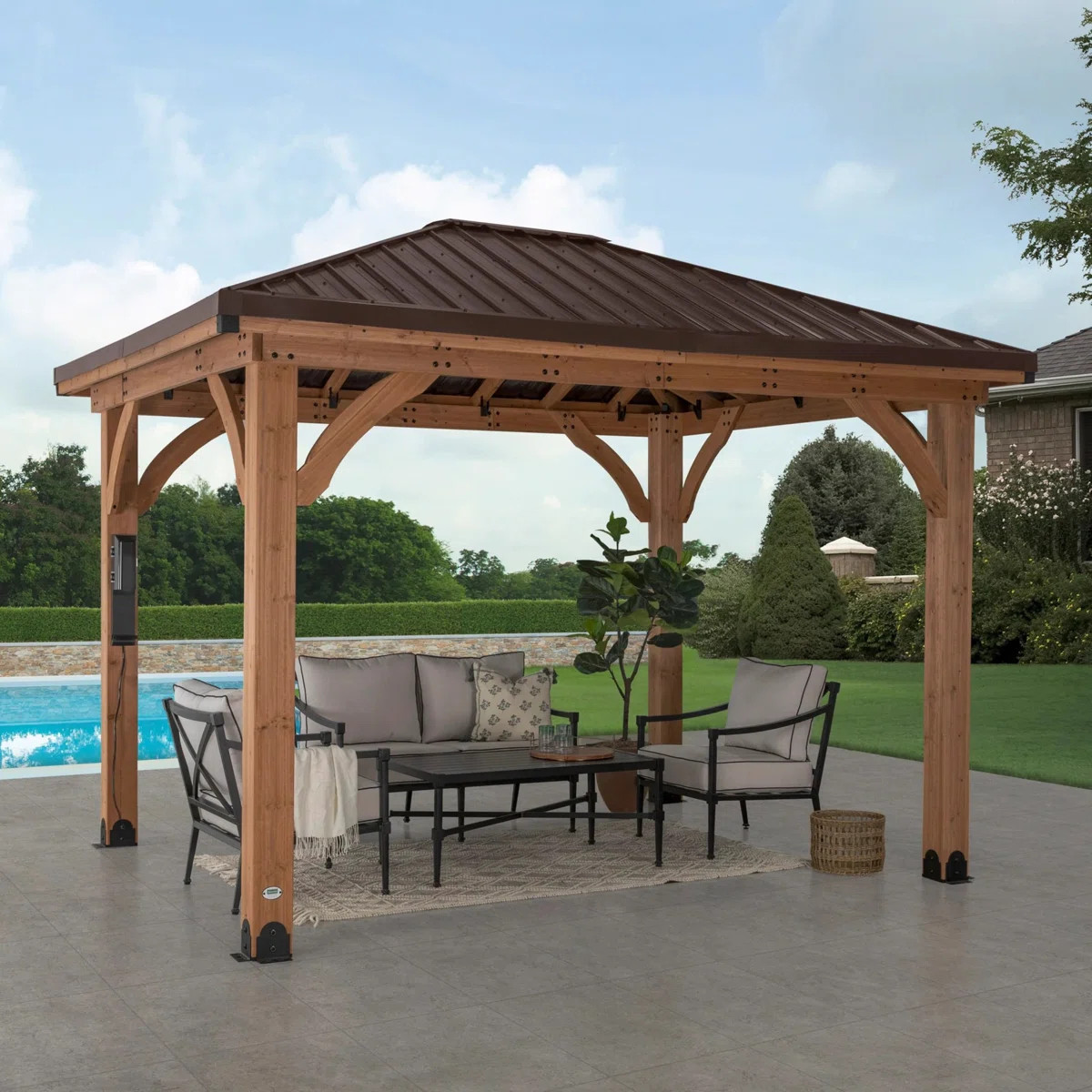 Backyard Discovery Barrington 12' x 10' Cedar Wood Outdoor Patio Gazebo with Hardtop Galvanized S... | Wayfair North America