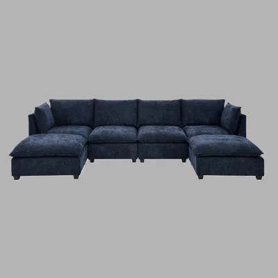 105" Cloud Sectional Sofa with 2 Ottomans, 4-Seat Chenille, 30" Deep Seat, Blue, 330 lb Per Seat | Wayfair North America