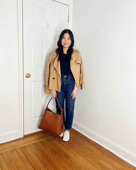 Cropped trench coat (XS)
Navy t-shirt (XS)
High waisted jeans (27P)
Brown bag
White sneakers (TTS)
Smart casual outfit
Mom outfit
Spring outfit
LOFT outfit

#LTKsalealert #LTKfindsunder100 #LTKworkwear