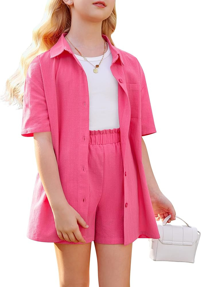 Girls 2 Piece Linen Set Kids Outfits Cotton Button Down Short Sleeve Collared Shirt Set 6-13 Year... | Amazon (US)