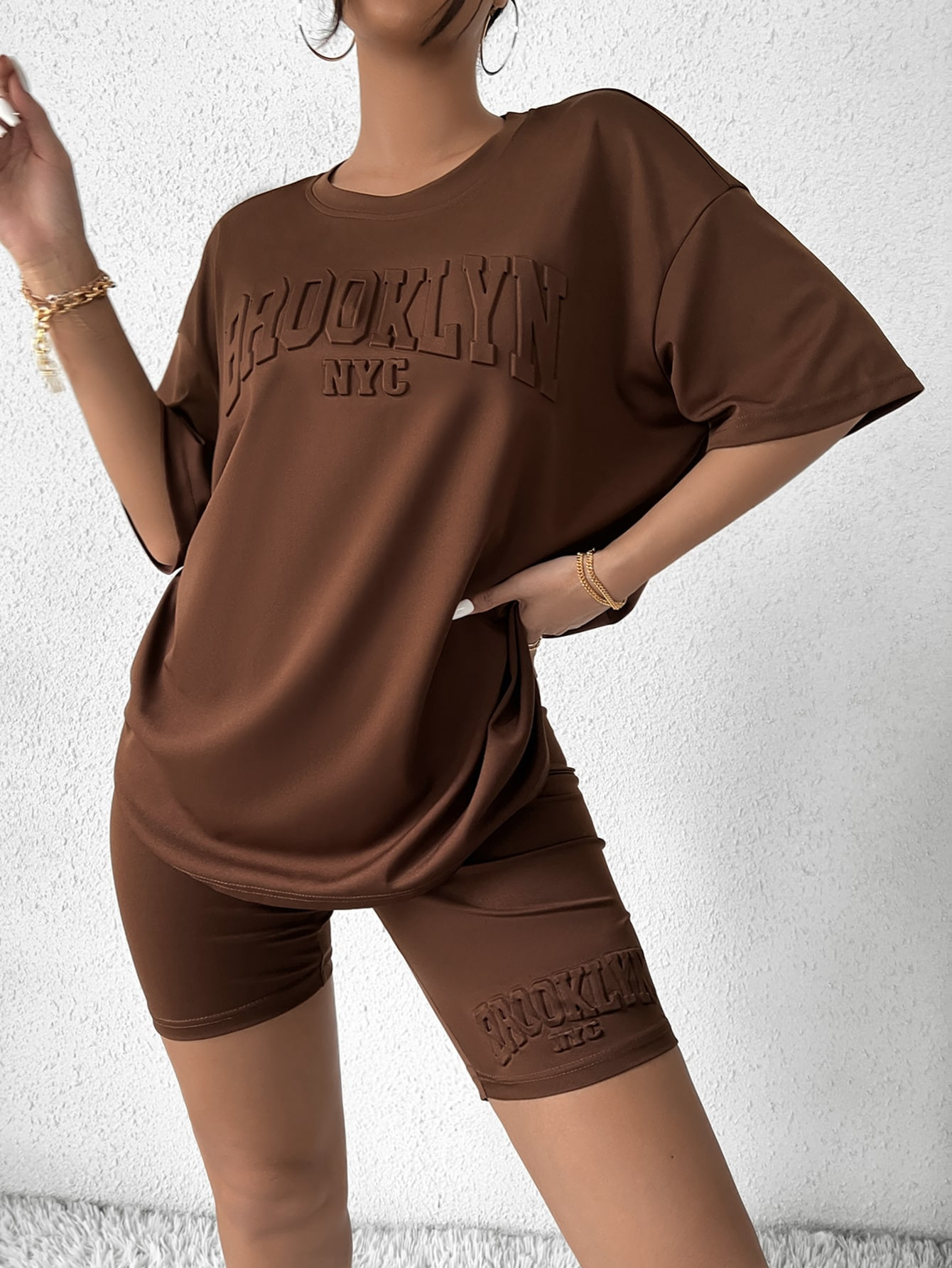 TrendsSHEIN MOOSTA Letter Textured Drop Shoulder Tee & Biker Shorts | SHEIN