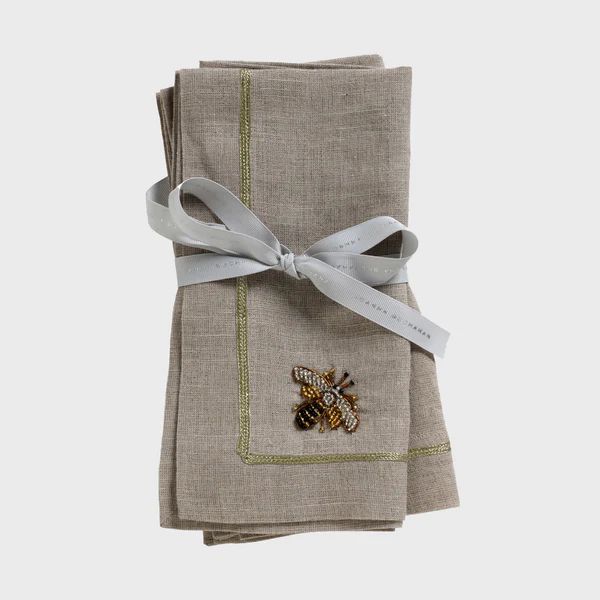 Stripey bee linen dinner napkins, flax, set of two | Joanna Buchanan