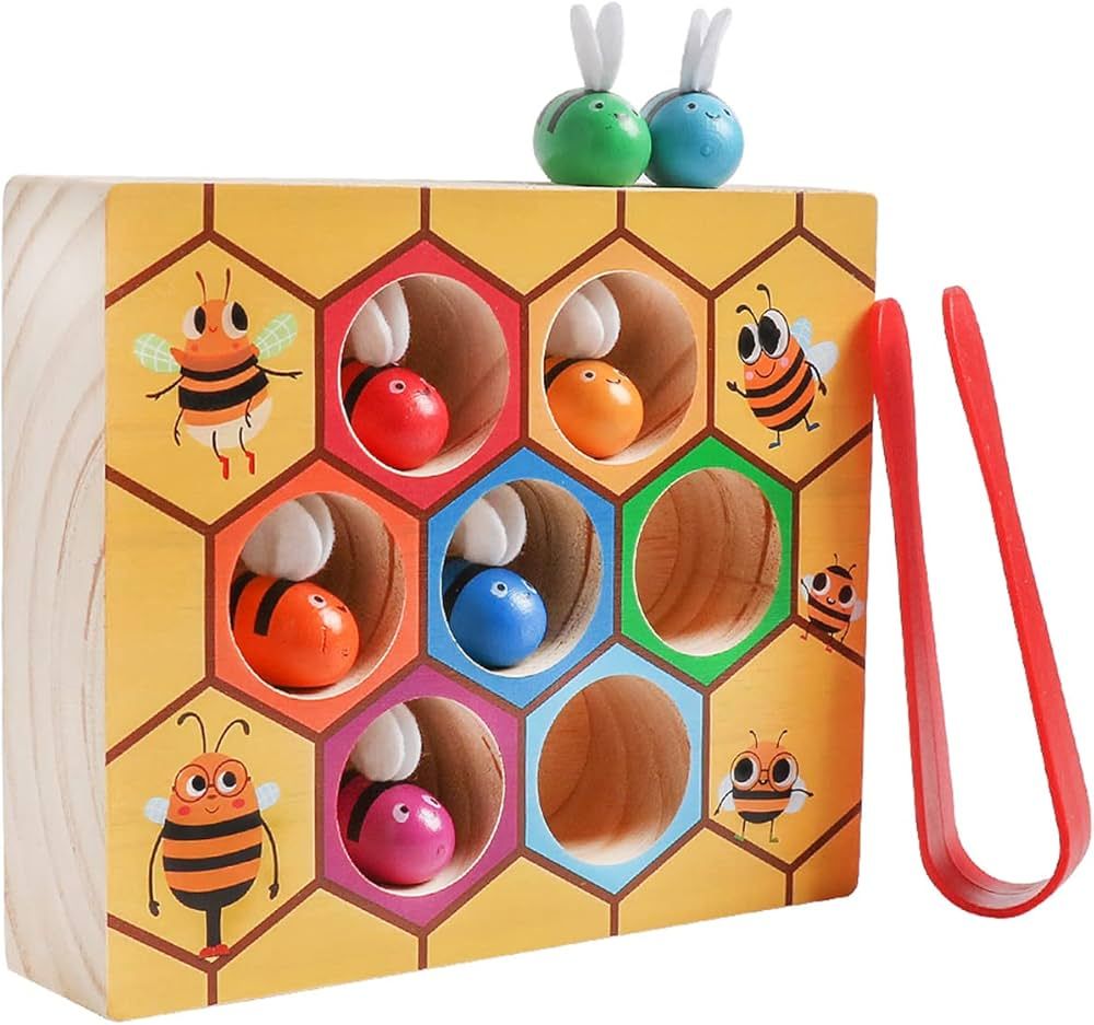 Toddler Fine Motor Skill Toy, Clamp Bee to Hive Matching Game, Montessori Wooden Bee Hive Toys fo... | Amazon (US)