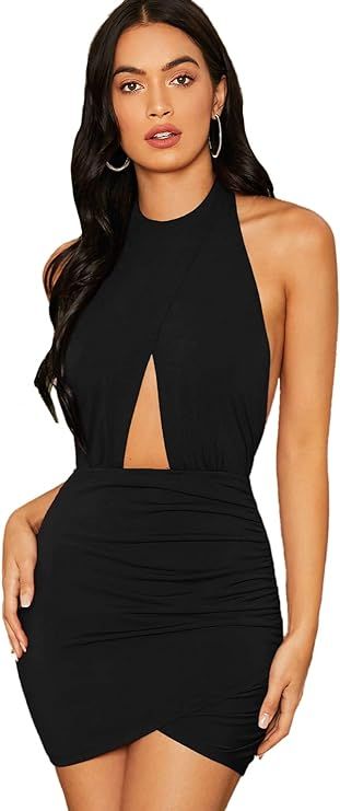 SheIn Women's Sexy Halter Ruched Bodycon Backless Wrap Party Cocktail Mini Dress | Amazon (US)