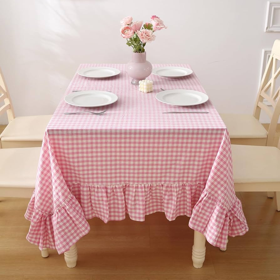 Pink White Plaid Ruffled Table Cloth Rectangular, 100% Washed Cotton Buffet Cottage Coquette Chec... | Amazon (US)