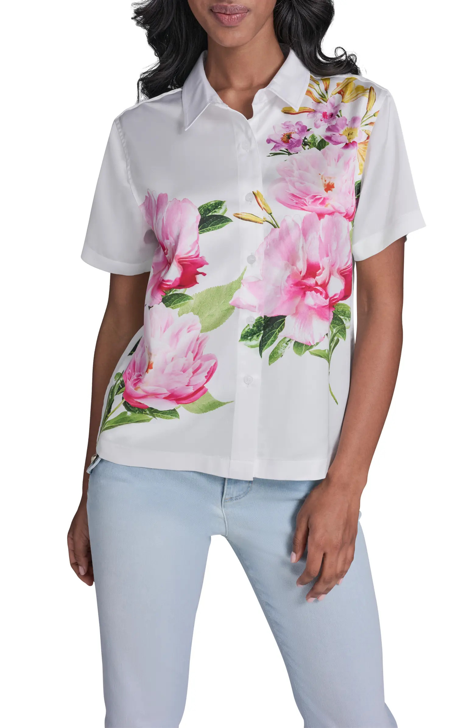 KARL LAGERFELD PARIS Floral Placement Crepe Button-Up Shirt | Nordstrom | Nordstrom