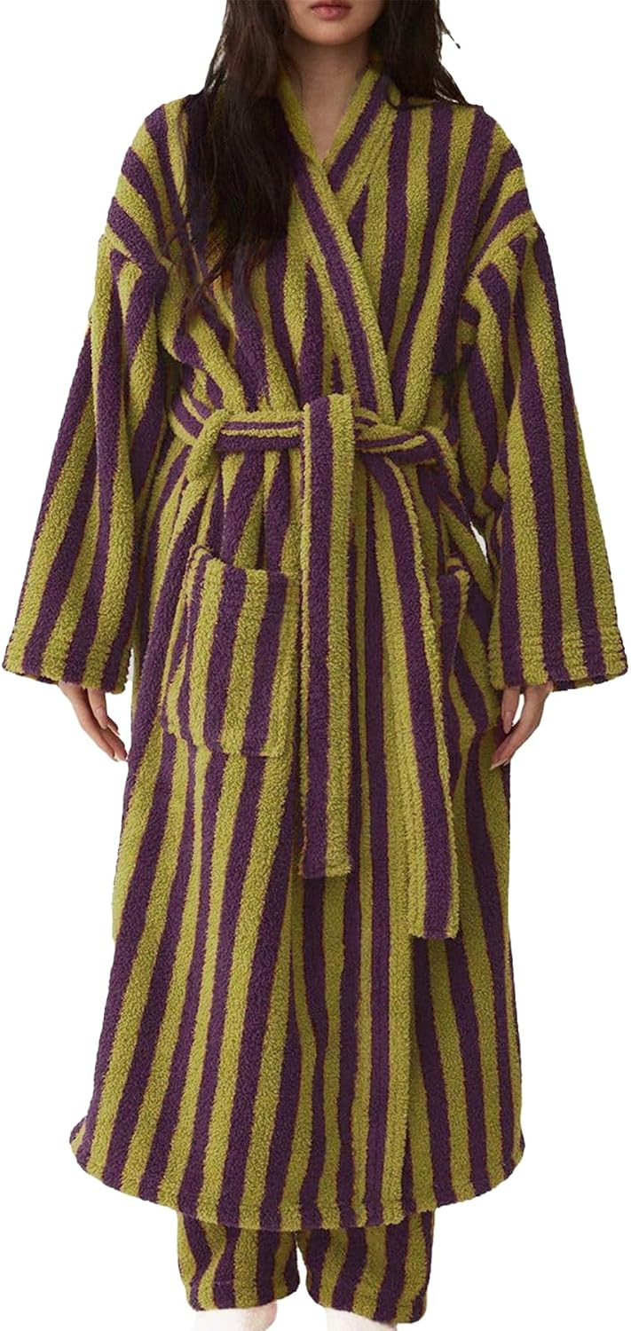 Womens Fluffy Striped Robe Belted Plush Warm Long Maxi Bathrobe | Amazon (US)