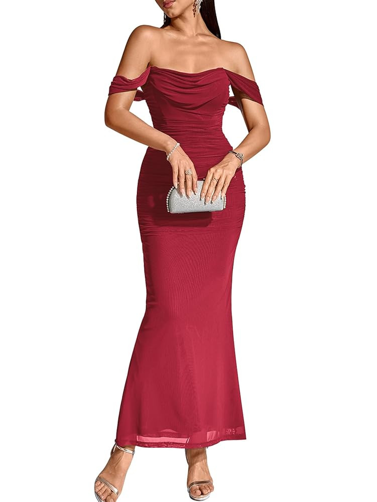 KUTUMAI Off The Shoulder Maxi Long Dress Corset Ruched Bodycon Formal Wedding Guest Dresses for W... | Amazon (US)