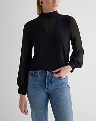 Mock Neck Sheer Sleeve Bow Top | Express