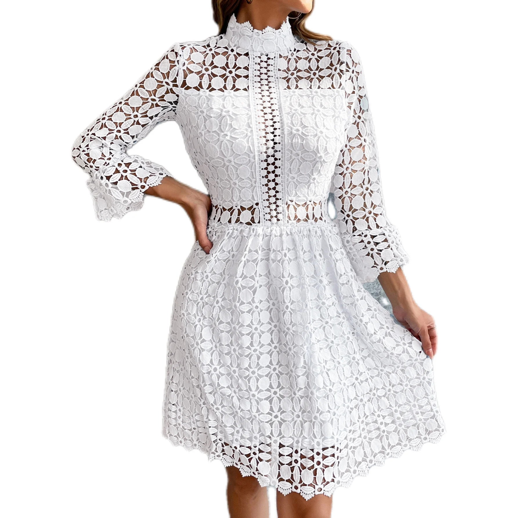 EILLY BAZAR Women's Lace Dresses Mesh Insert Mock Neck Flounce Sleeve White S - Walmart.com | Walmart (US)