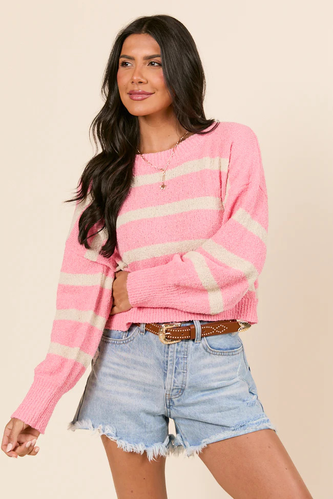 Rosey Long Sleeve Pink Striped Crewneck Sweater | Pink Lily