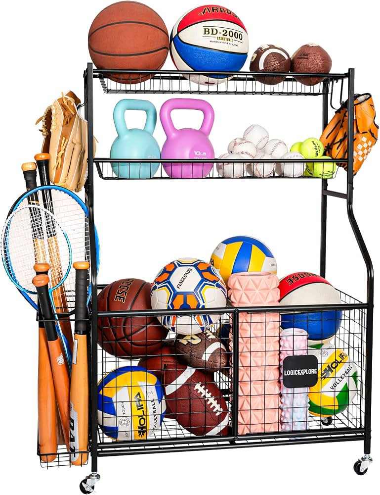 Sports Equipment Storage Organizer Rack with Rolling Wheels, Garage Ball Storage Cart for Basketb... | Amazon (US)