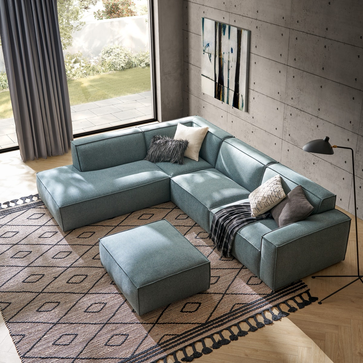 Blue Left Extended Chaise Sectional with Ottoman for Living Room, Castlery, Comfortable and Versatile Design | Castlery US