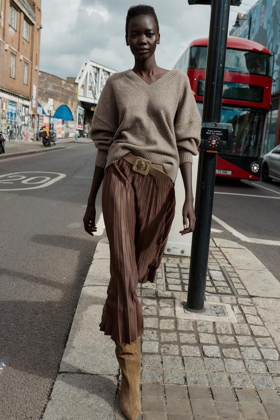 BELTED FAUX SUEDE EFFECT PLEATED MIDI SKIRT | Zara US