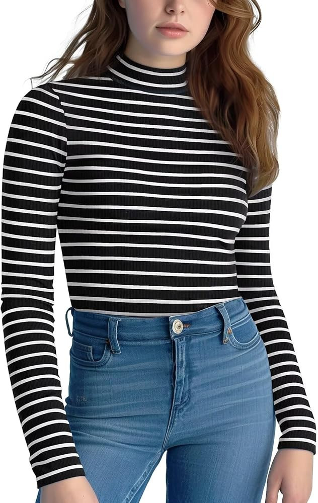 Zengjo Striped Turtleneck Women Long Sleeve Shirt - Fitted Ribbed Mock Neck Basic Layering Unders... | Amazon (US)