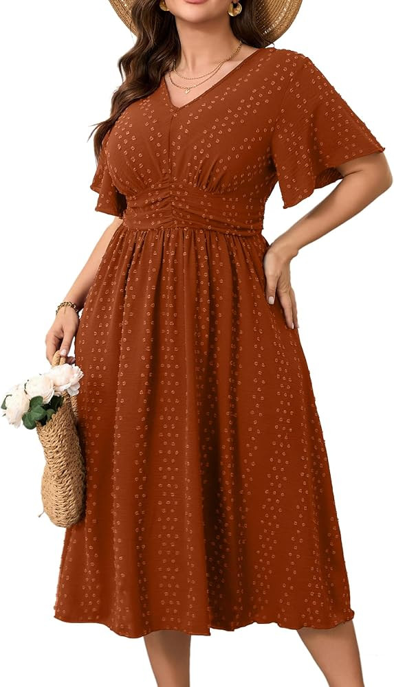 RWJ Women's Plus Size Maxi Dress V Neck Short Sleeve Swiss Dot A Line High Waist Boho Swing Casua... | Amazon (US)