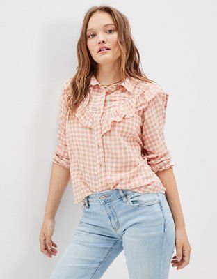 AE Western Ruffle Button-Up Shirt | American Eagle Outfitters (US & CA)