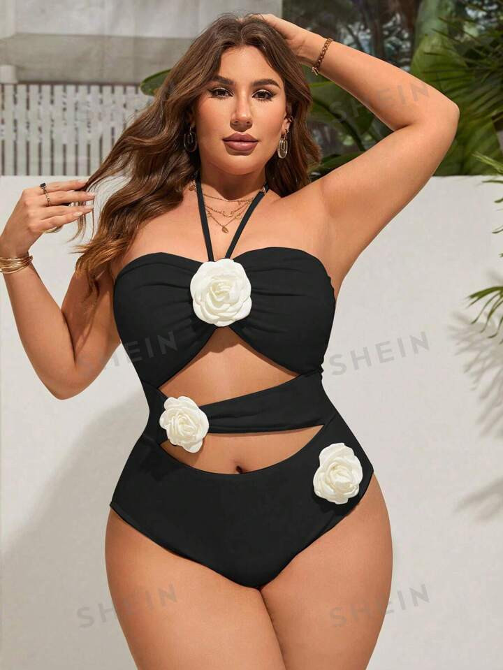 SHEIN Swim Chicsea Plus Size Women's Flower Decorated Halterneck One Piece Swimsuit | SHEIN