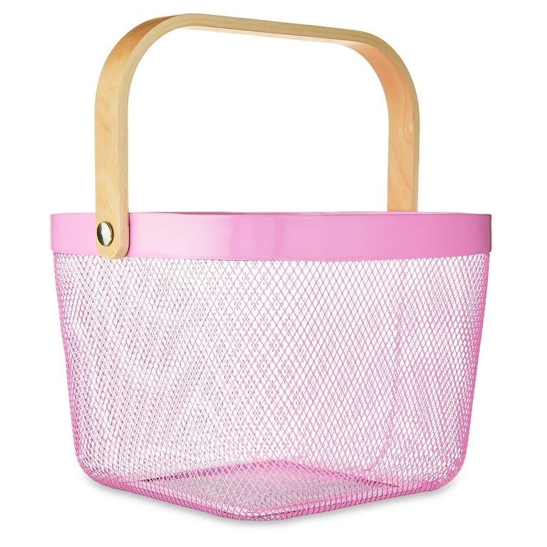 Easter Mesh Basket with Folding Wooden Handle, Pink, 9.4" x 9.8" x 7", by Way To Celebrate | Walmart (US)