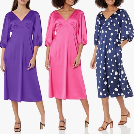 Pretty silky midi length dress is 50% off! Amazon Prime. Purple, pink, and navy polka dot. Fall style. Workwear  

#LTKsalealert #LTKstyletip #LTKunder50