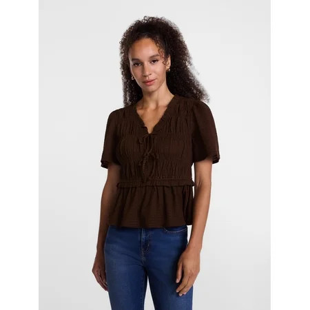 Scenario Women s and Women s Plus Textured Tie Front Top  Sizes XS-4X | Walmart (US)