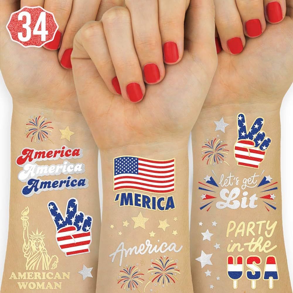 xo, Fetti Fourth of July Decorations Tattoos - 34 styles | Red White and Blue Party Supplies, 4th of July, USA Flag, Memorial Day, Independence Day, Labor Day | Amazon (US)