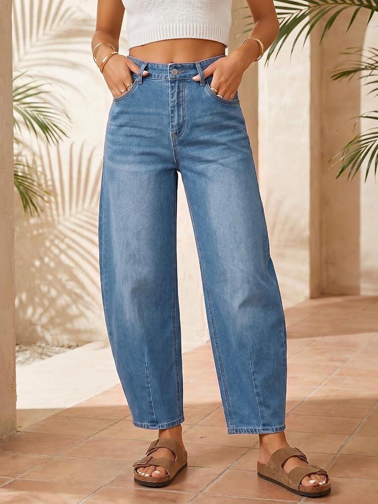 Saodimallsu Womens Barrel Jeans Cropped High Waisted Baggy Wide Straight Leg Boyfriend Denim Pant... | Amazon (US)
