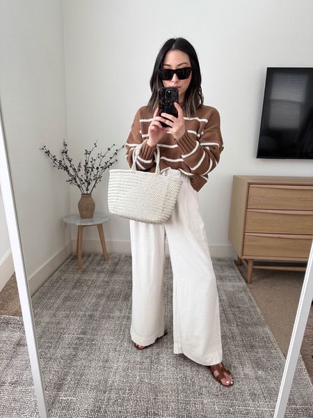 White trousers for spring.  These are great and petite-friendly!  Z Supply Farah pants. 

Sweater - Jenni Kayne xs. Size down. 
Pants - Z supply xs
Sandals - Hermes 35
Tote - Club Monaco (old)
Sunglasses - Celine 

Sandals, spring style, spring outfit, vacation outfit, petite trousers, petite style. 

#LTKshoecrush #LTKitbag #LTKSeasonal