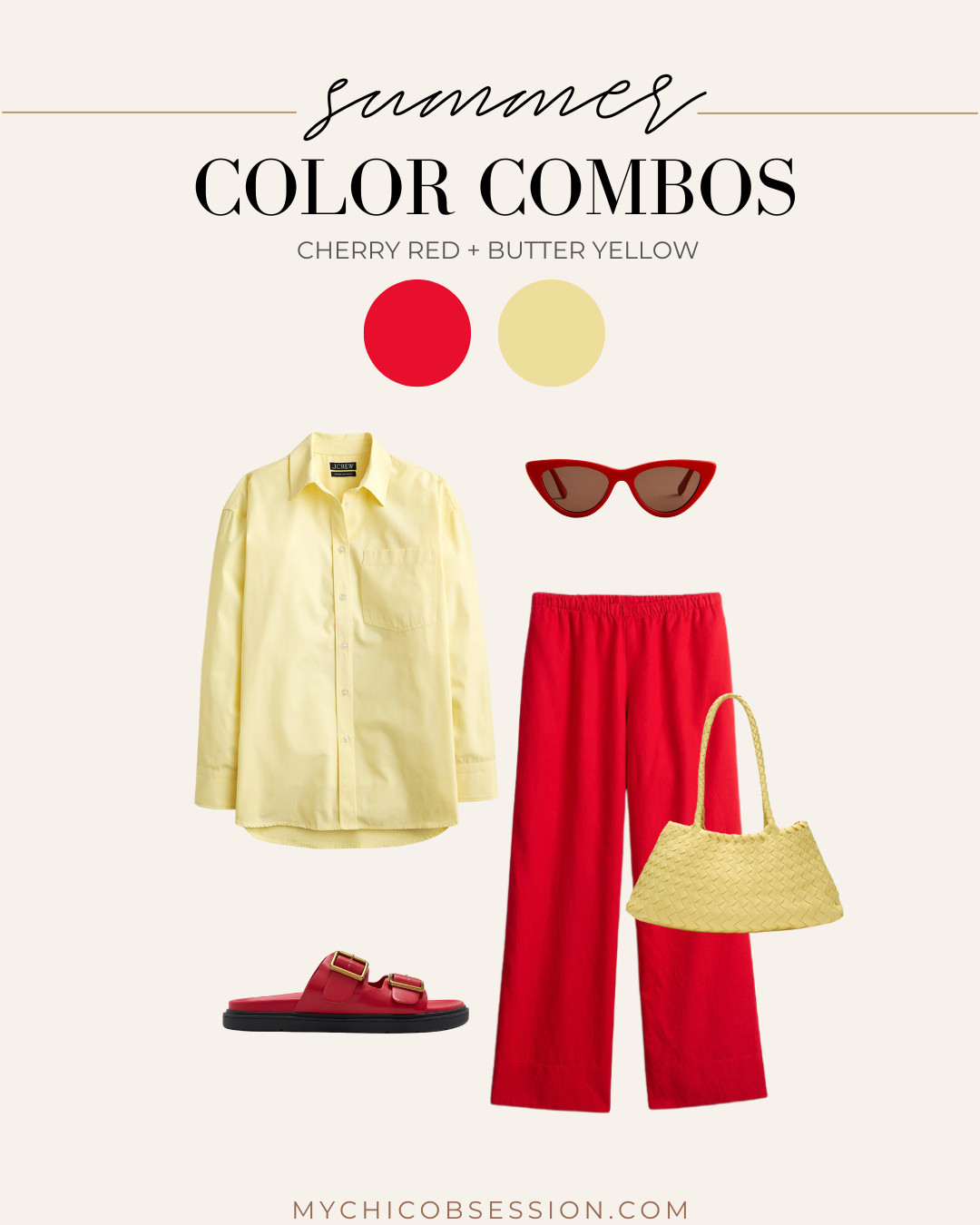 Love a bold color combo for summer? Try bright red and butter yellow! Pair a yellow button-down and woven bag with red sandals, linen pants, and cat-eye sunglasses. 

 #LTKSeasonal #LTKStyleTip #LTKShoeCrush