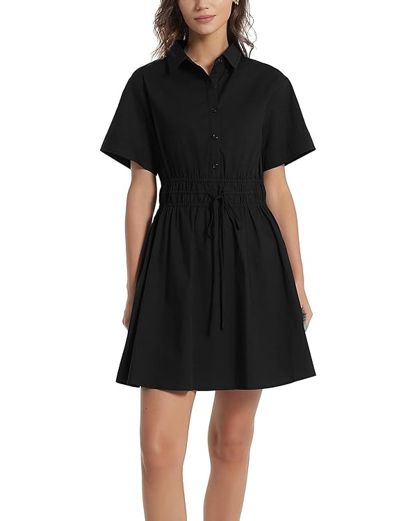 D-Sun Women Casual Button Down Shirt Dress V-Neck Short Sleeve Tie Waist Mini Shirt A-Line Flowy ... | Amazon (US)