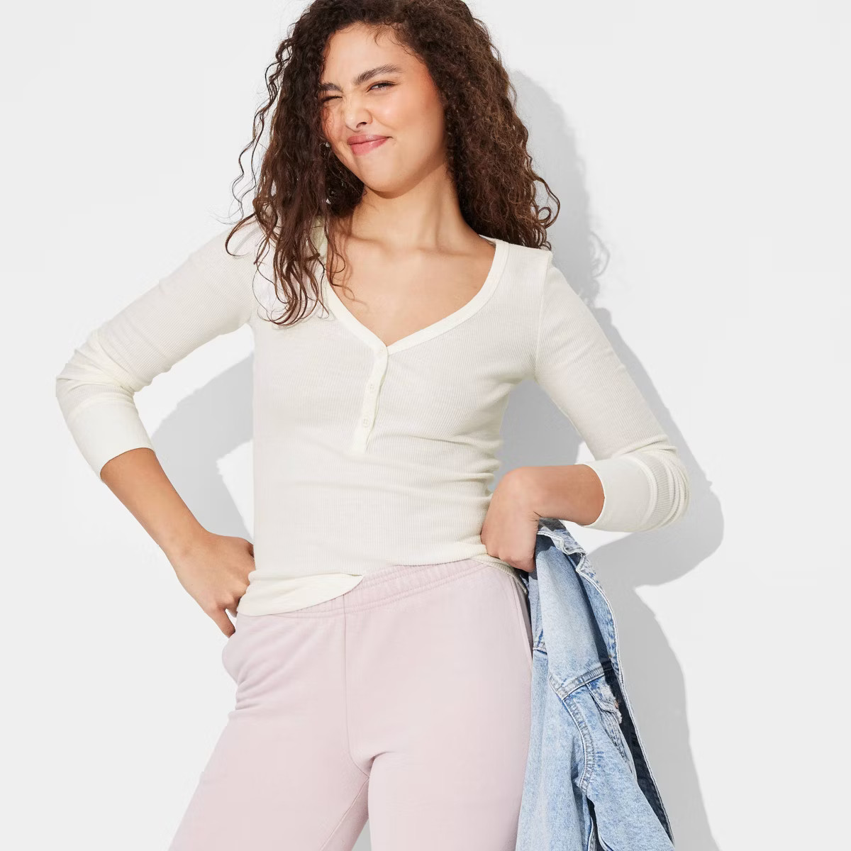 Women's Long Sleeve Henley T-Shirt - Wild Fable™ Cream S | Target