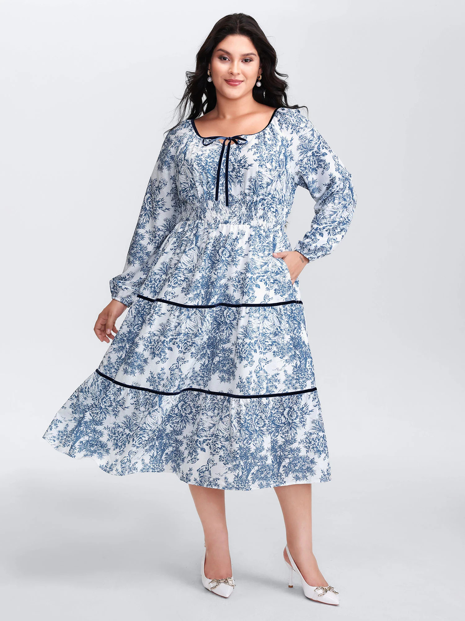Toile de Jouy Neck-Tie Midi Dress | Bloomchic